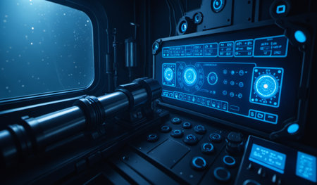 Inside a sleek spacecraft, the control panel glows with blue lights, showcasing various buttons and screens. A view beyond the glass reveals the vastness of space filled with stars.の写真素材