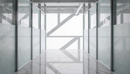 Bright and airy hallway showcases minimalist architecture. Glass walls allow natural light to fill the space, creating a calm and serene atmosphere ideal for creative inspiration.の写真素材