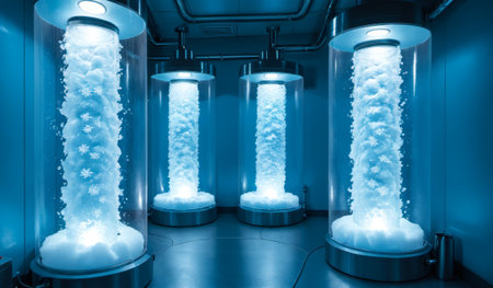 Inside a modern lab, tall transparent towers emit a glowing blue light. Fluffy white snow fills the towers, creating a magical winter scene. The atmosphere feels serene and otherworldly.の写真素材