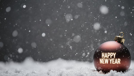 A beautiful ornament rests in fresh snow, shining brightly. Glittering snowflakes fall around it, creating a magical winter scene that captures the spirit of celebration and renewal.の写真素材