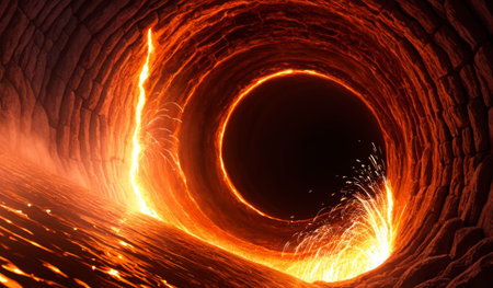 Spectacular sparks fly as molten lava spirals smoothly in a circular tunnel, creating an awe-inspiring view of nature's raw power. The glowing heat radiates in this otherworldly scene.の写真素材