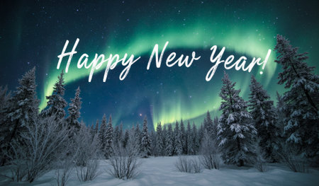 Snow covers the ground and trees as colorful auroras dance in the night sky. A serene forest scene invites celebration and reflection as the New Year begins with joy and wonder.の写真素材