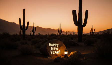 As the sun sets, cacti stand tall in the desert. A painted rock wishing happy new year catches the glow of a lantern, bringing warmth to the cool evening air and new beginnings.の写真素材
