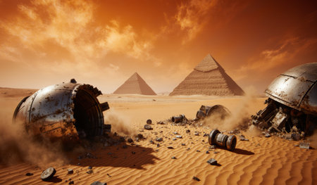 Desert sands swirl around futuristic wreckage, revealing a surreal scene of ancient pyramids under a dramatic orange sky. An otherworldly atmosphere merges history with imagination.の写真素材
