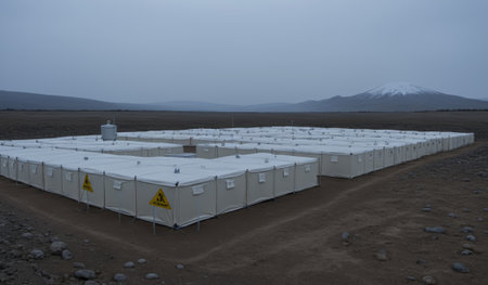 A large grid of research containers sits in a desolate volcanic area. The scene is framed by low clouds and a distant snowy mountain, hinting at a scientific endeavor in a barren landscape.の写真素材