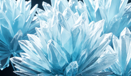 Glistening blue crystals rise sharply, forming intricate, flower-like shapes against a dark backdrop. Light dances on their surfaces, creating a dreamy atmosphere of wonder and beauty.の写真素材