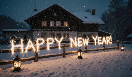 Fireworks illuminate a charming house in a snowy village as lanterns glow softly. The night sky is filled with falling snowflakes, creating a magical New Year atmosphere.の写真素材