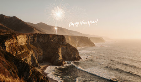 Fireworks burst above the majestic coastal cliffs, casting vibrant colors over the ocean as the sun sets. This New Year's celebration brings joy and beauty to the shoreline.の写真素材