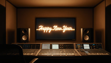In a modern music studio, a glowing sign announces Happy New Year against a backdrop of sound equipment. The atmosphere reflects excitement and creativity as the year begins.の写真素材