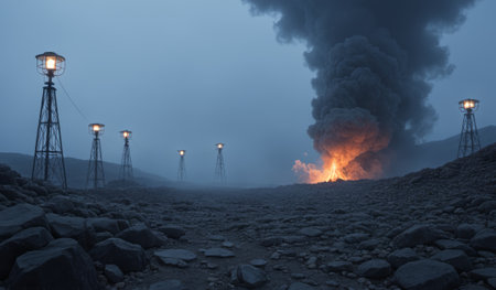 A powerful volcanic eruption lights up a dim and rocky terrain, surrounded by tall lights that stand guard against the smoky atmosphere. The scene evokes a sense of awe and danger.の写真素材