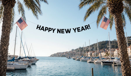Festive flags announce New Year's Day in a serene harbor. Sailboats rest peacefully on calm waters, palm trees sway gently, and a sunny sky brings warmth to the celebration.の写真素材