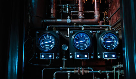 In a dark industrial environment, three glowing gauges display important readings. Pipes and metal structures surround the gauges, revealing a world of intricate machinery at work.の写真素材