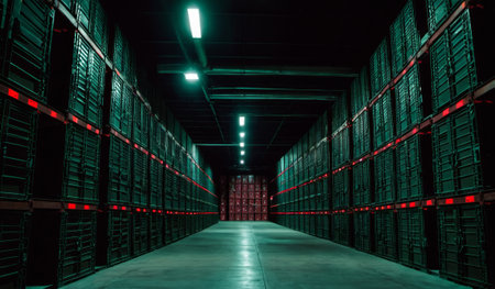 Long corridor in a dark warehouse lined with stacked storage containers. Red and green lights create...