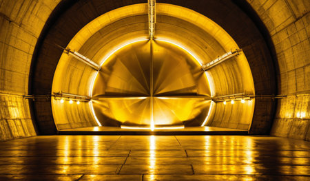 A spacious underground tunnel glows with warm yellow lights. The walls are smooth concrete, and a large circular feature dominates the end of the tunnel, creating a futuristic atmosphere.の写真素材