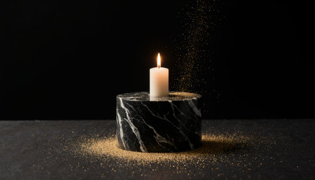 A solitary white candle stands on a round black marble base, casting a gentle glow. Surrounding the base, golden dust sparkles softly, adding an air of calm and elegance to the scene.の写真素材