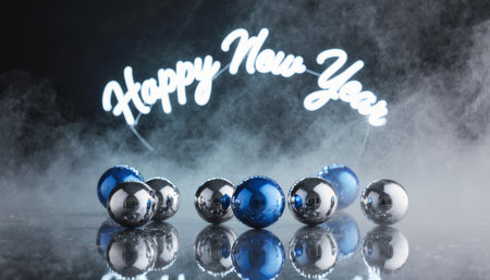 A joyful scene showcases shiny blue and silver ornaments placed on a reflective surface. Mist surrounds the decorations, enhancing the excitement of welcoming the new year.の写真素材