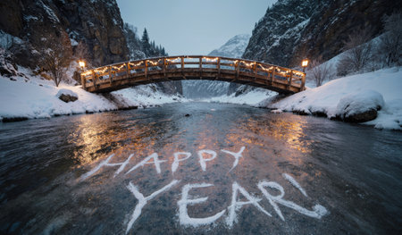 A serene winter landscape features a wooden bridge adorned with lights over a river. The icy surface has cheerful New Year messages written in the snow, celebrating the season.の写真素材