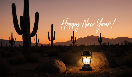 Warm light from a lantern shines in the desert as cacti stand tall against a stunning sunset. The scene captures the essence of new beginnings, inviting peace and reflection.の写真素材