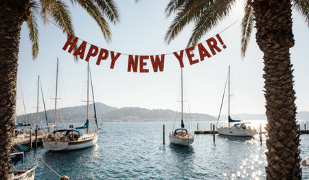 Soaking in the festive spirit, colorful decorations hang above a vibrant harbor with sailboats...