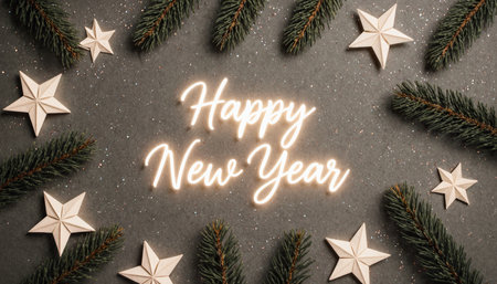 Vibrant evergreen branches frame the words Happy New Year in glowing script. Decorative stars add a festive touch, inviting joy and hope for the year to come.の写真素材