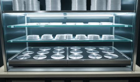 A sleek display case features a variety of circular items stacked on transparent shelves. The clean design highlights the items' shapes, creating an inviting view in a well-lit space.の写真素材