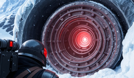 In a snowy, rugged landscape, an adventurer stands before a glowing portal embedded in an icy surface. The bright light casts eerie shadows, hinting at unknown adventures ahead.の写真素材