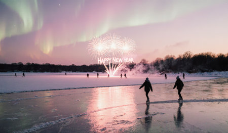 Skaters glide across a frozen lake as vibrant fireworks light up the sky. The scene captures the magic of New Year celebrations amidst shimmering auroras in a winter wonderland.の写真素材