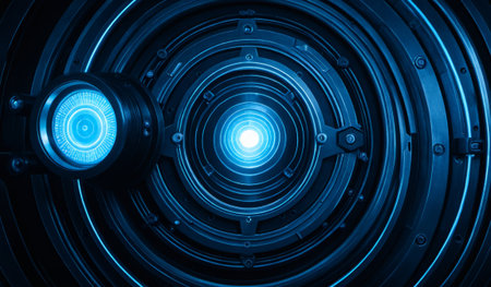 Concentric circles in deep blue surround a bright glowing center, evoking a sense of depth and...
