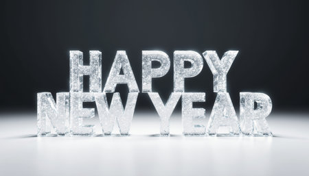 Bright letters shaped into the phrase Happy New Year shimmer in icy textures, creating a festive ambiance. This scene radiates warmth and excitement as 2024 approaches.の写真素材