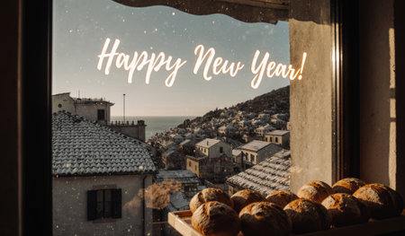Warm sunlight streams through a cozy window, highlighting delicious pastries. Outside, a picturesque coastal town glows under a clear winter sky, inviting a fresh start for the new year.の写真素材