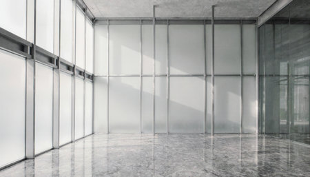 Bright and spacious interior features sleek glass walls allowing soft sunlight to illuminate the polished stone floor. A minimalist design emphasizes the simplicity and beauty of the space.の写真素材