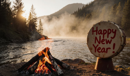 Gathered by the riverside, a cozy fire crackles as smoke rises into the chilly air. A drum marks the joyful celebration against a stunning mountain backdrop.の写真素材