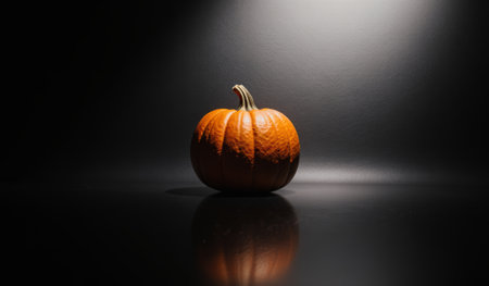 In a quiet, dark setting, a vibrant orange pumpkin captures attention as it glows under a soft light. Its textures and curves bring a warm feel, celebrating the spirit of the season.の写真素材