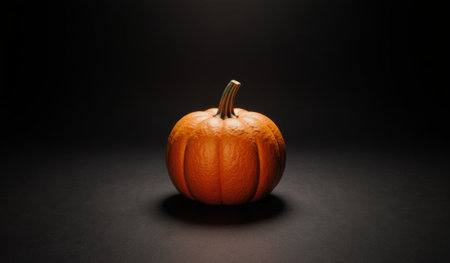 A vibrant orange pumpkin with a smooth surface sits centered in low light, showcasing its rich color and unique shape. The dark surroundings highlight its natural beauty, suggesting autumn themes.の写真素材