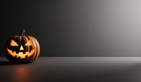 A carved pumpkin with a mischievous face glows warmly in the dim light. It rests on a sleek table, creating a festive atmosphere for Halloween celebrations. Shadows dance around it.の写真素材