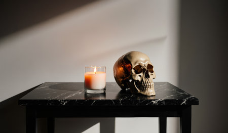 A candle softly glows beside a realistic skull on a sleek black marble table. Shadows play across the surface, creating a mysterious and serene atmosphere in the dim light.の写真素材