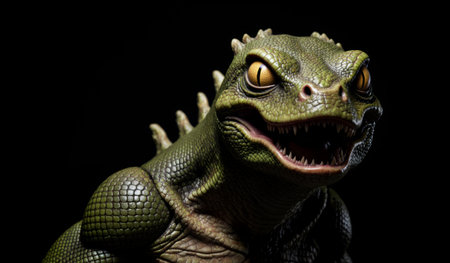 This striking creature features vivid green scales and large, expressive eyes. Its fierce expression...