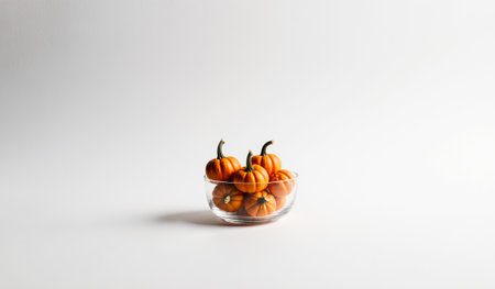 Small, bright orange pumpkins sit neatly in a clear glass bowl against a soft, light background. The scene captures a cozy, autumn atmosphere, perfect for seasonal decor.の写真素材
