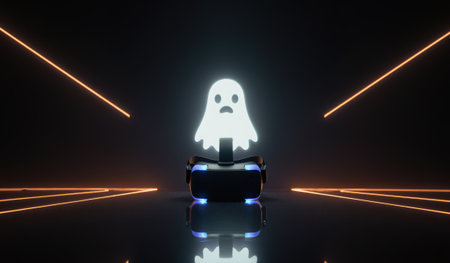 A glowing ghost figure is placed on a virtual reality headset amidst striking neon lines. This...