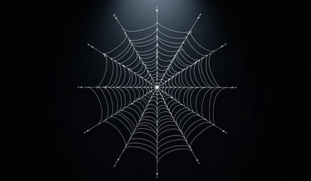 A beautifully crafted spider web glistens in the soft light, showcasing intricate patterns among the strands. The dark background contrasts elegantly with the fragile beauty of the web.の写真素材