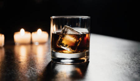 A glass of whiskey with a large ice cube rests on a dark wooden table. Soft candlelight flickers nearby, creating a cozy atmosphere perfect for relaxation and reflection.の写真素材