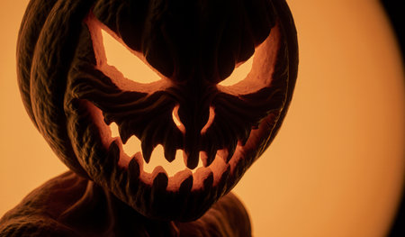 A fierce pumpkin figure with sharp teeth and glowing eyes stands against an orange backdrop. This...