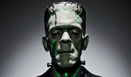 Under eerie lighting, a life-sized figure resembling a classic monster stands still. The green highlights and shadows create an intense atmosphere, evoking feelings of suspense and intrigue.の写真素材