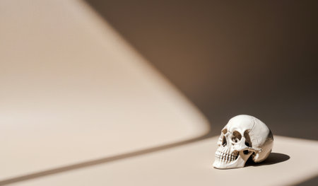 A detailed skull sits quietly on a smooth surface, illuminated by gentle light that casts soft shadows. The setting creates a calm atmosphere, highlighting its intricate features.の写真素材