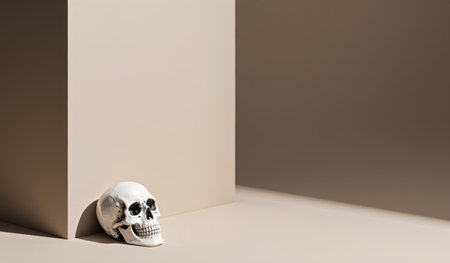 A white skull lies against a smooth, beige surface, creating a striking contrast. Soft natural light gently illuminates the scene, enhancing the simplicity and elegance of this composition.の写真素材