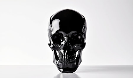 A striking black skull sculpture stands boldly on a bright surface, reflecting soft light. The shiny surface creates beautiful shadows, adding an artistic touch to the scene.の写真素材