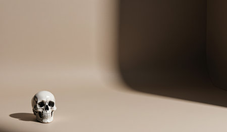 A small, detailed skull sits quietly on a smooth surface, casting gentle shadows. The warm background creates a calm atmosphere, adding to the skull's intriguing presence and mysterious charm.の写真素材