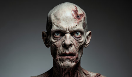 A chilling figure stands in dim light, showcasing a grotesque appearance with sunken eyes and weathered skin. The haunting expression evokes a sense of horror and intrigue, captivating the viewer.の写真素材