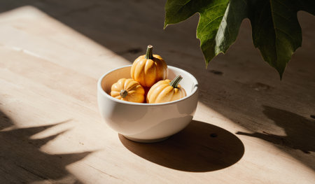 A bowl holds small, orange pumpkins resting on a wooden table. Sunlight casts soft shadows, enhancing the warm, inviting feeling of the autumn season. A green leaf adds a touch of nature.の写真素材