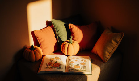 A warm and inviting space features soft cushions of orange and green, with pumpkins resting alongside an open book. Sunlight casts gentle shadows, creating a fall ambiance.の写真素材